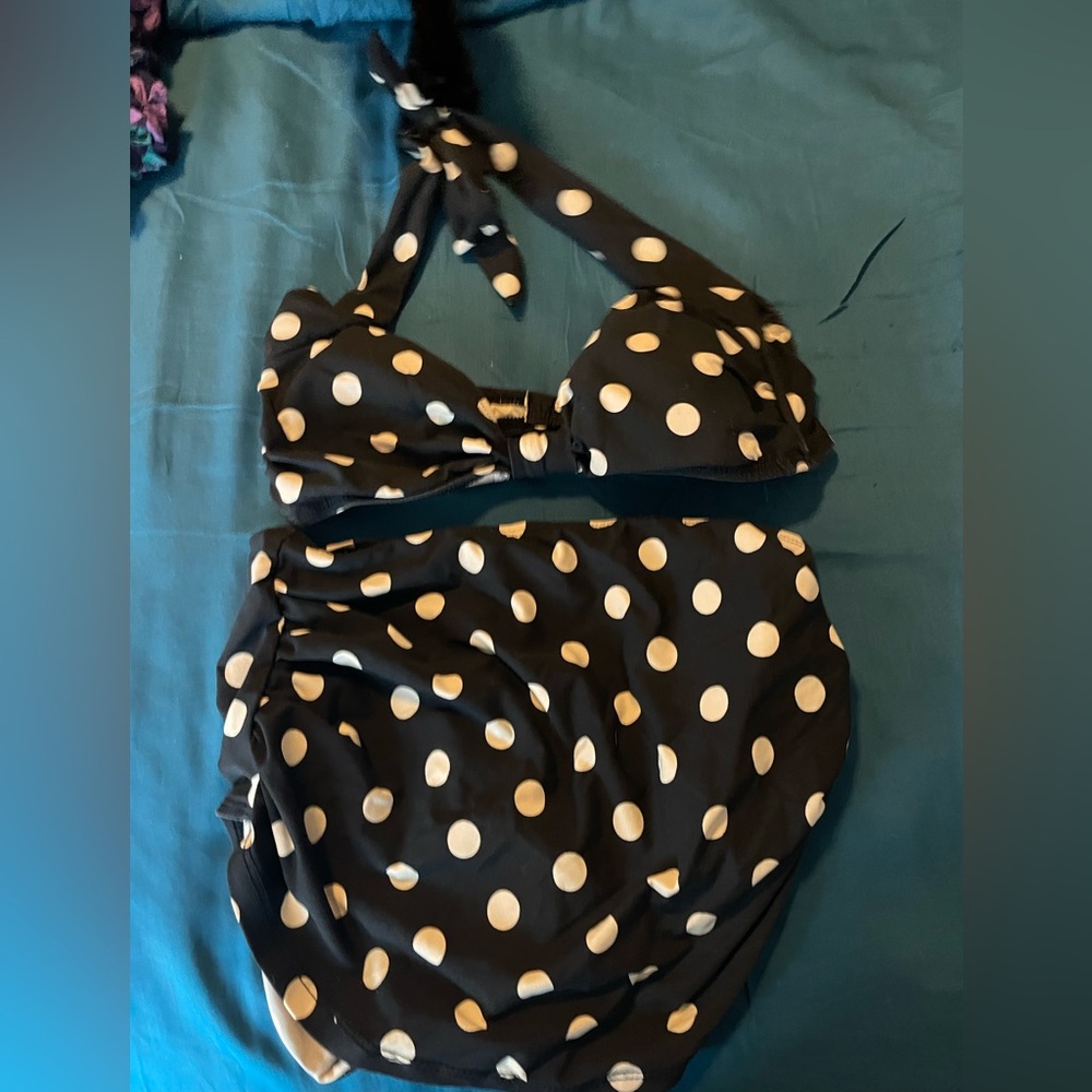 Size 6 ModCloth Navy Blue Polka Dot High Waisted Halter Top Bikini